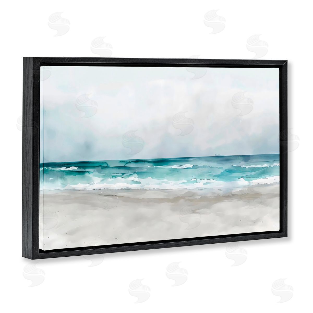 LSR Design Studio Abstract Watercolor Aqua Beach Black Floating Frame Canvas Wall Art Print