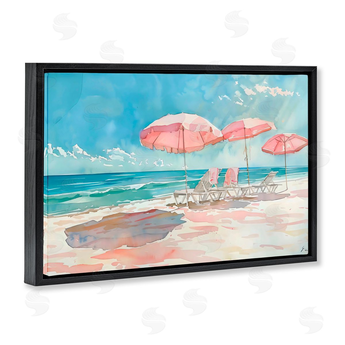 LSR Design Studio Pastel Pink Watercolor Beach Black Floating Frame Canvas Wall Art Print