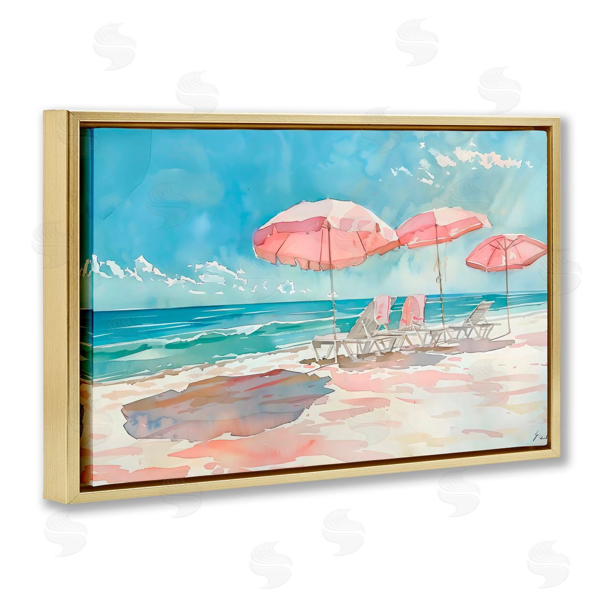 LSR Design Studio Pastel Pink Watercolor Beach Gold Floating Frame Canvas Art Print