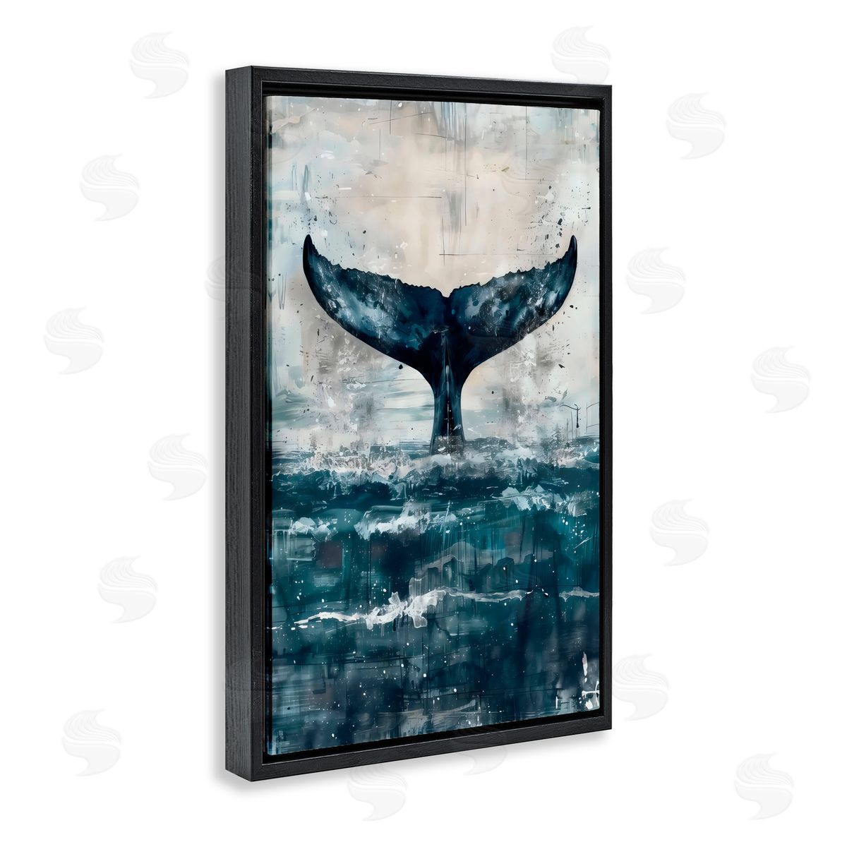 LSR Design Studio Centered Distressed Whale Tail Black Floating Frame Canvas Wall Art Print