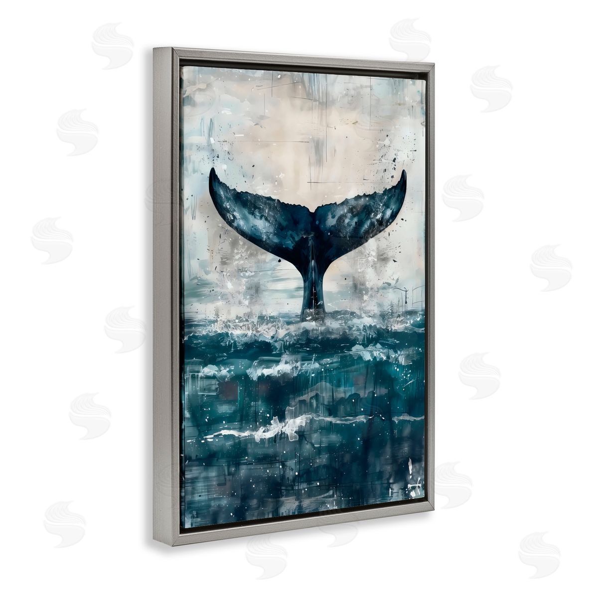 LSR Design Studio Centered Distressed Whale Tail Gray Floating Frame Canvas Art Print