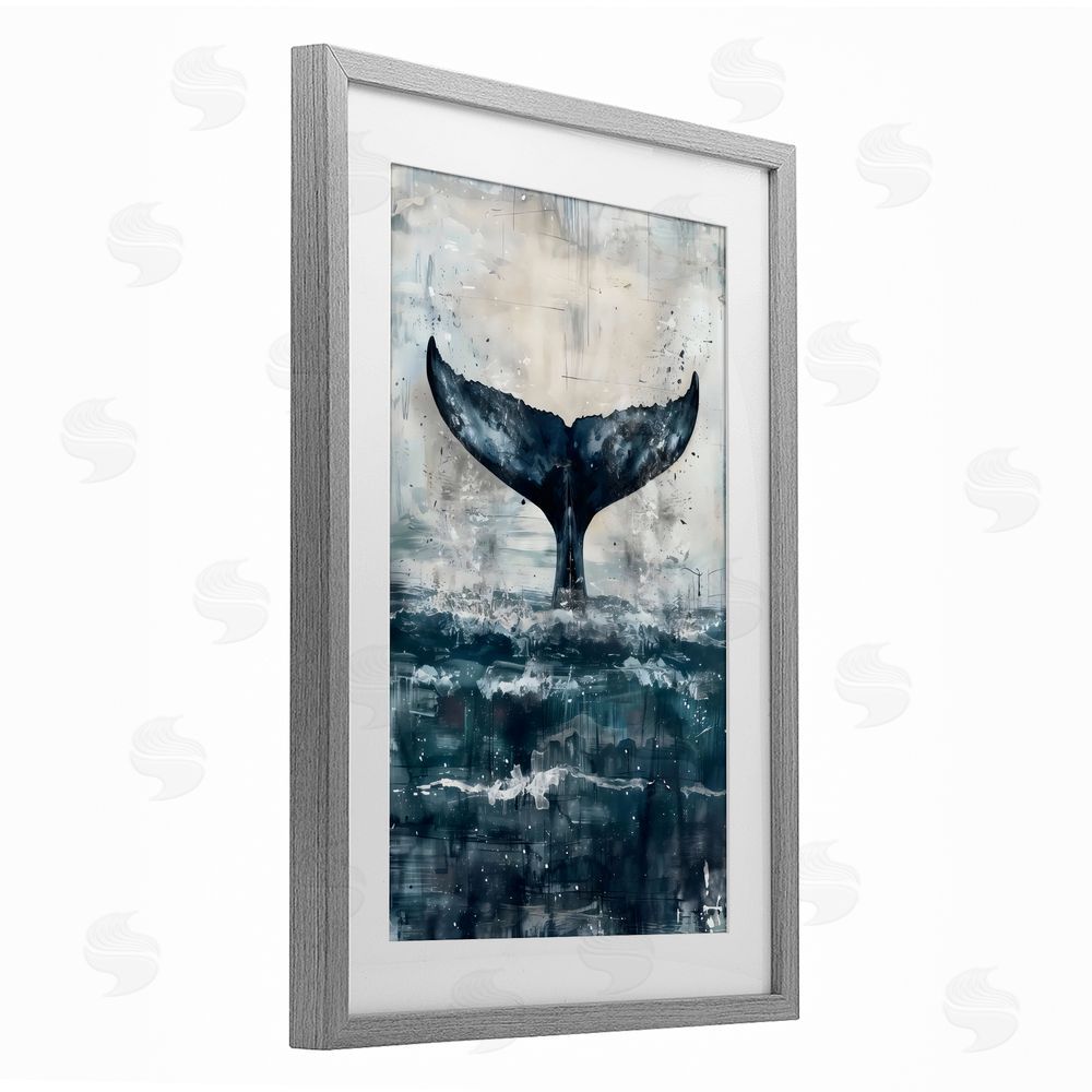 LSR Design Studio Centered Distressed Whale Tail Gray Framed Print Under Glass Art
