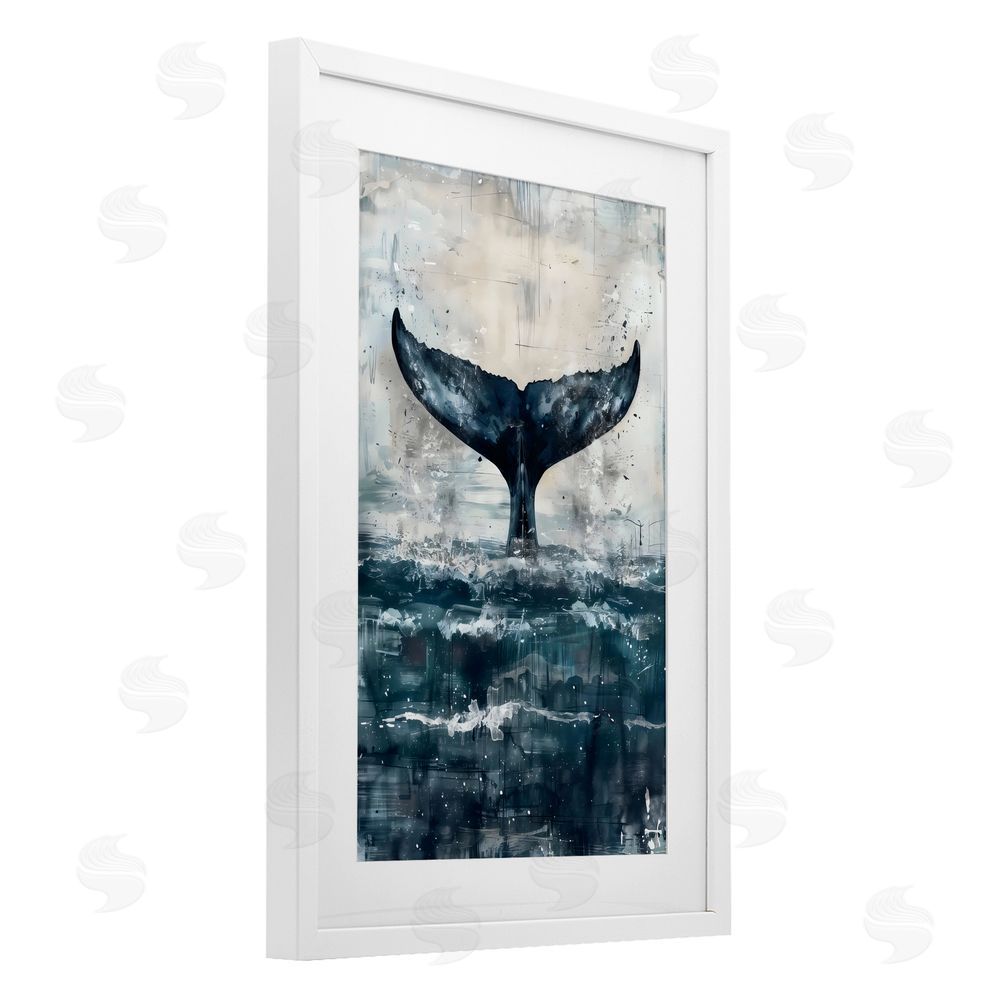 LSR Design Studio Centered Distressed Whale Tail White Framed Print Under Glass Art
