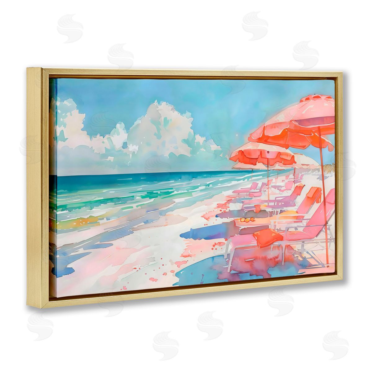 LSR Design Studio Peach Beach Relaxing Chairs Gold Floating Frame Canvas Art Print