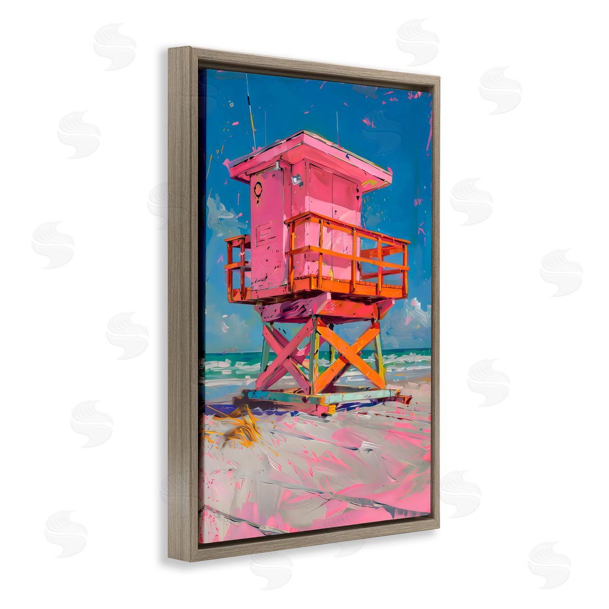 LSR Design Studio Pink Abstract Lifeguard Station Brown Floating Frame Canvas Art Print
