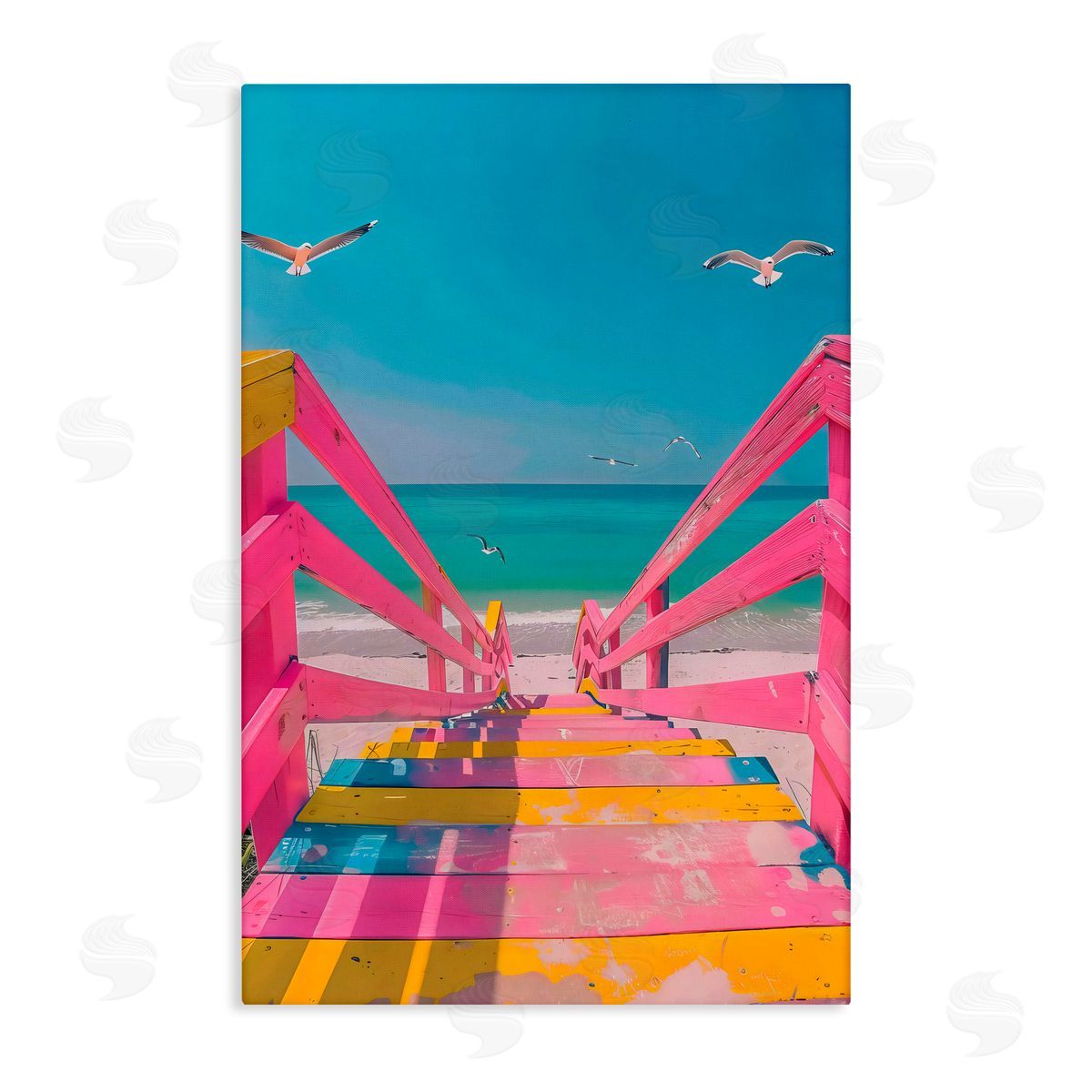LSR Design Studio Retro Pink Beach Stairs Canvas Wall Art Print