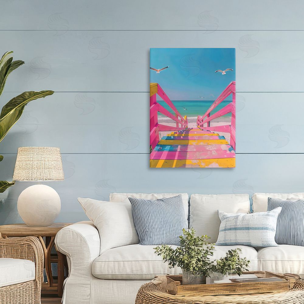 LSR Design Studio Retro Pink Beach Stairs Printed Wall Art in Room
