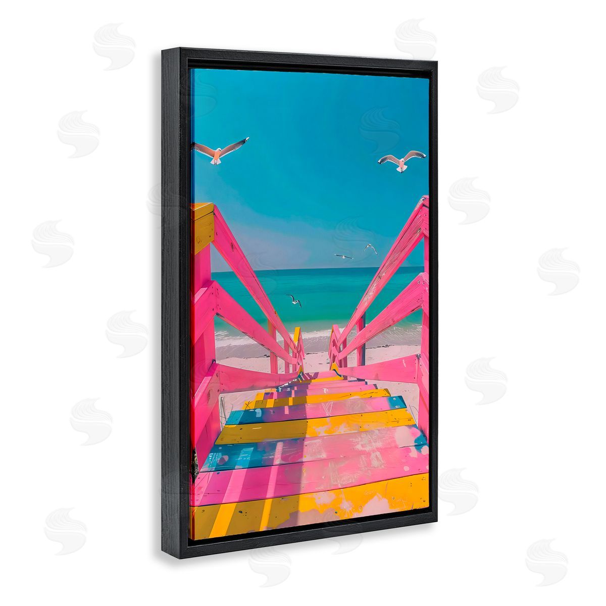 LSR Design Studio Retro Pink Beach Stairs Black Floating Frame Canvas Wall Art Print