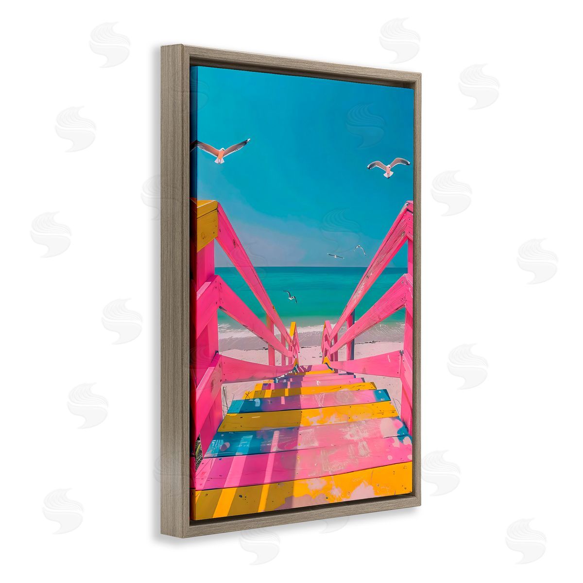 LSR Design Studio Retro Pink Beach Stairs Brown Floating Frame Canvas Art Print