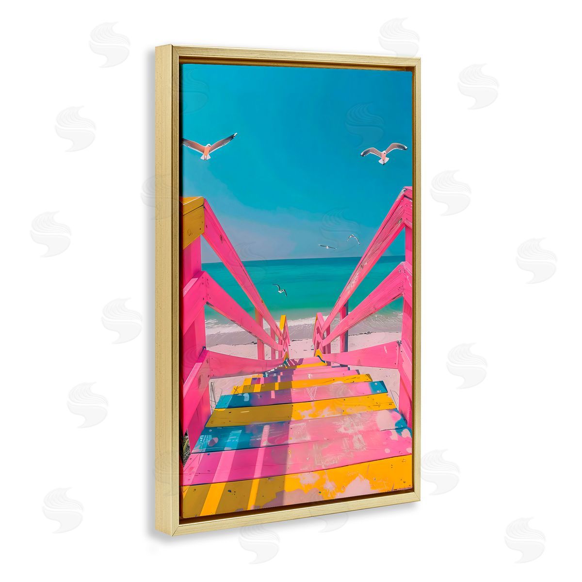 LSR Design Studio Retro Pink Beach Stairs Gold Floating Frame Canvas Art Print