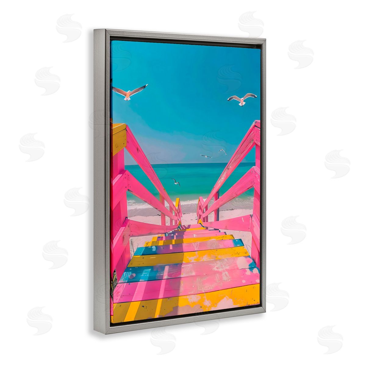 LSR Design Studio Retro Pink Beach Stairs Gray Floating Frame Canvas Art Print
