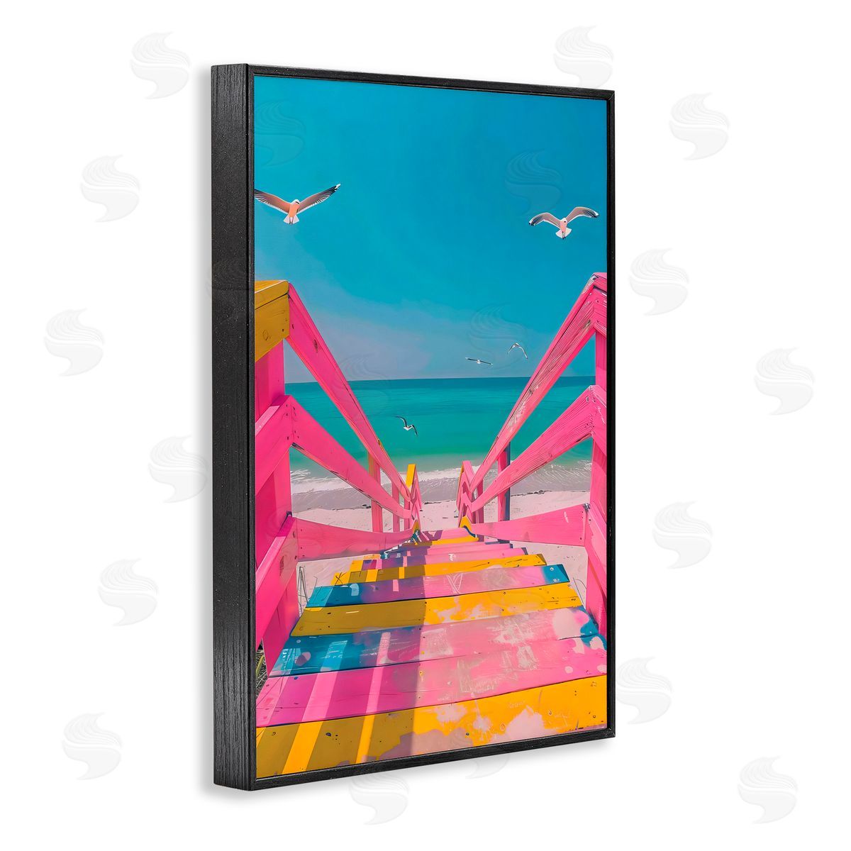 LSR Design Studio Retro Pink Beach Stairs Black Framed Giclee Art Print