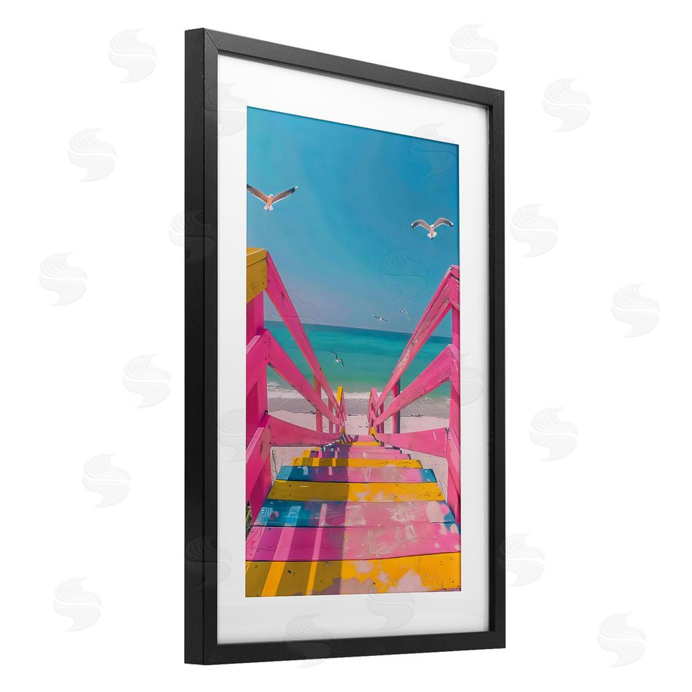 LSR Design Studio Retro Pink Beach Stairs Black Framed Print Under Glass Art