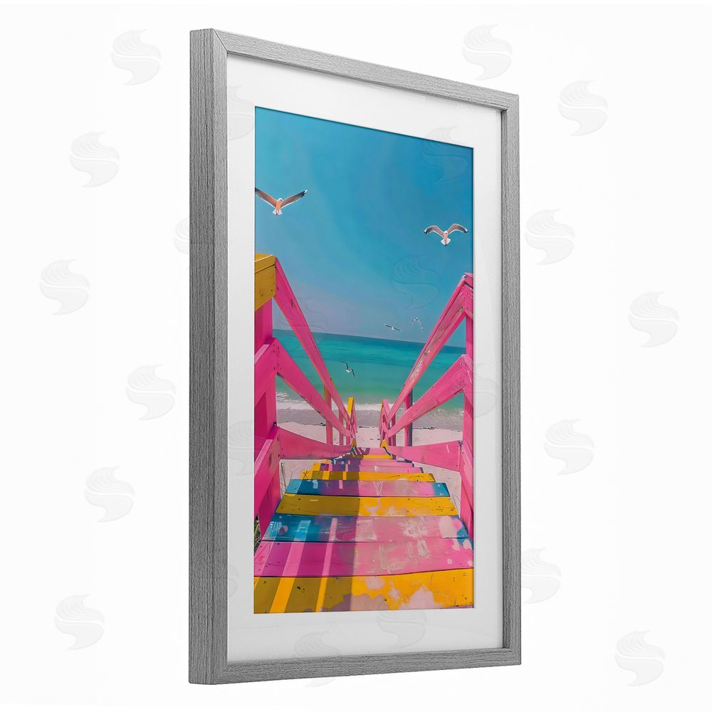 LSR Design Studio Retro Pink Beach Stairs Gray Framed Print Under Glass Art