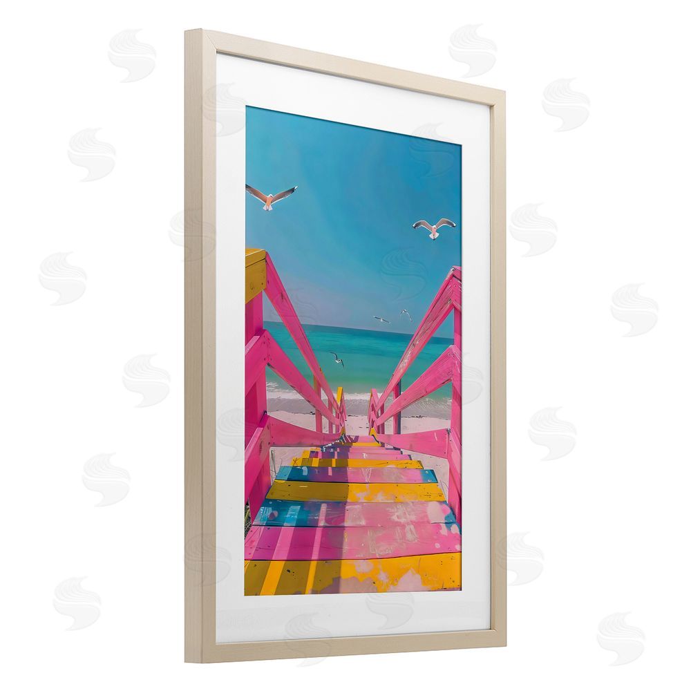 LSR Design Studio Retro Pink Beach Stairs Birch Framed Print Under Glass Art