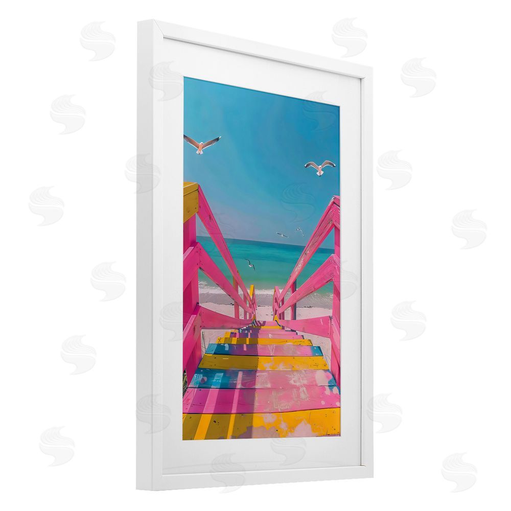 LSR Design Studio Retro Pink Beach Stairs White Framed Print Under Glass Art