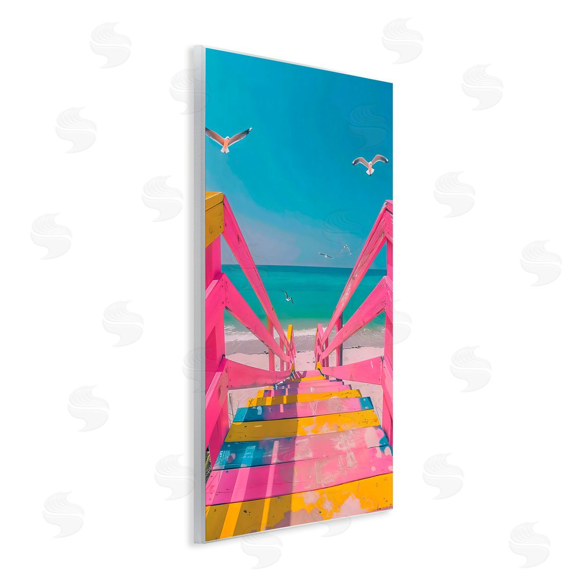 LSR Design Studio Retro Pink Beach Stairs Wall Plaque Art Print