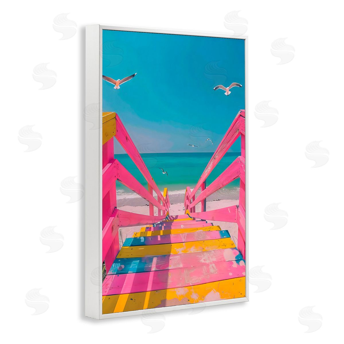 LSR Design Studio Retro Pink Beach Stairs White Frame Giclee Art Print