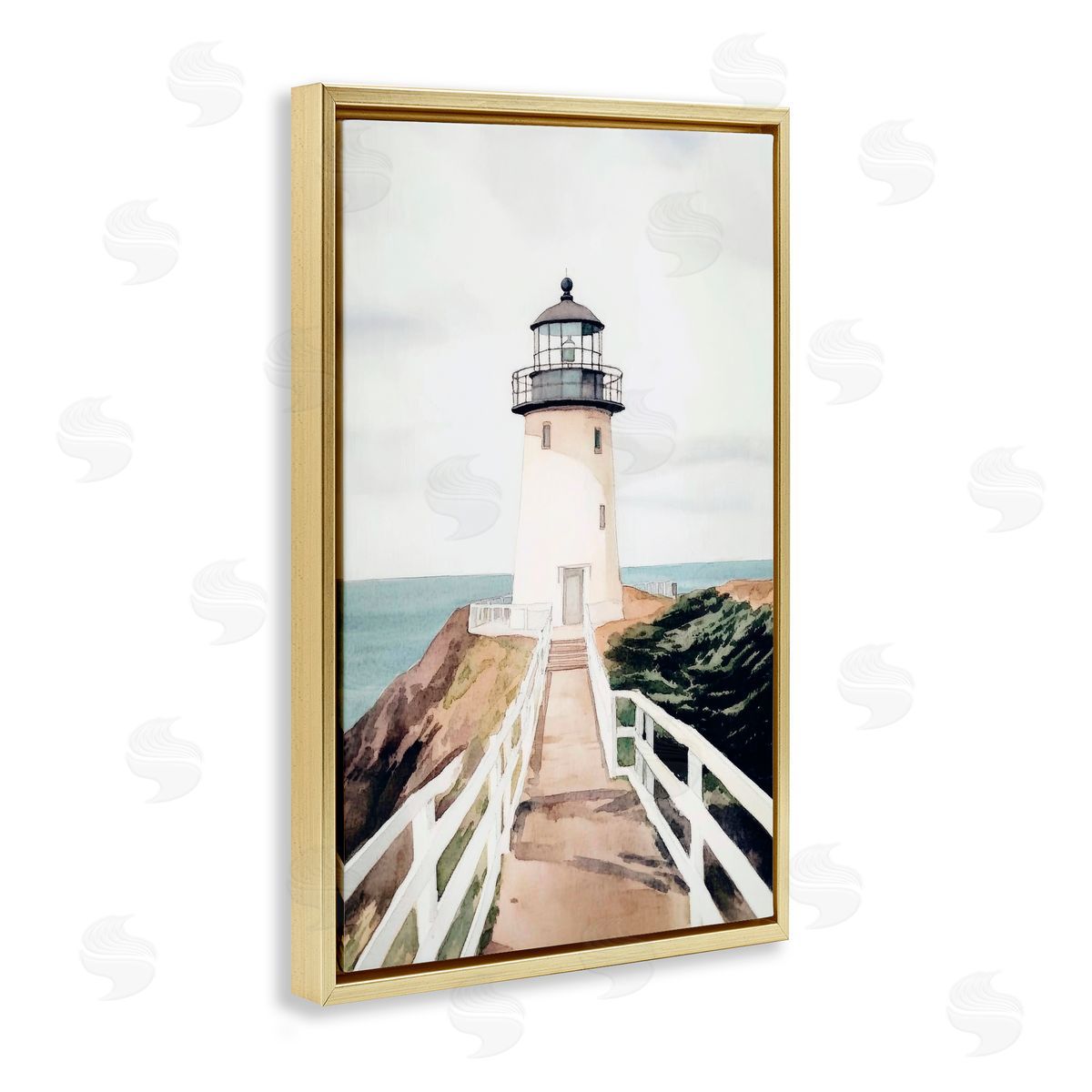 Sisi and Seb Watercolor Lighthouse Path Gold Floating Frame Canvas Art Print