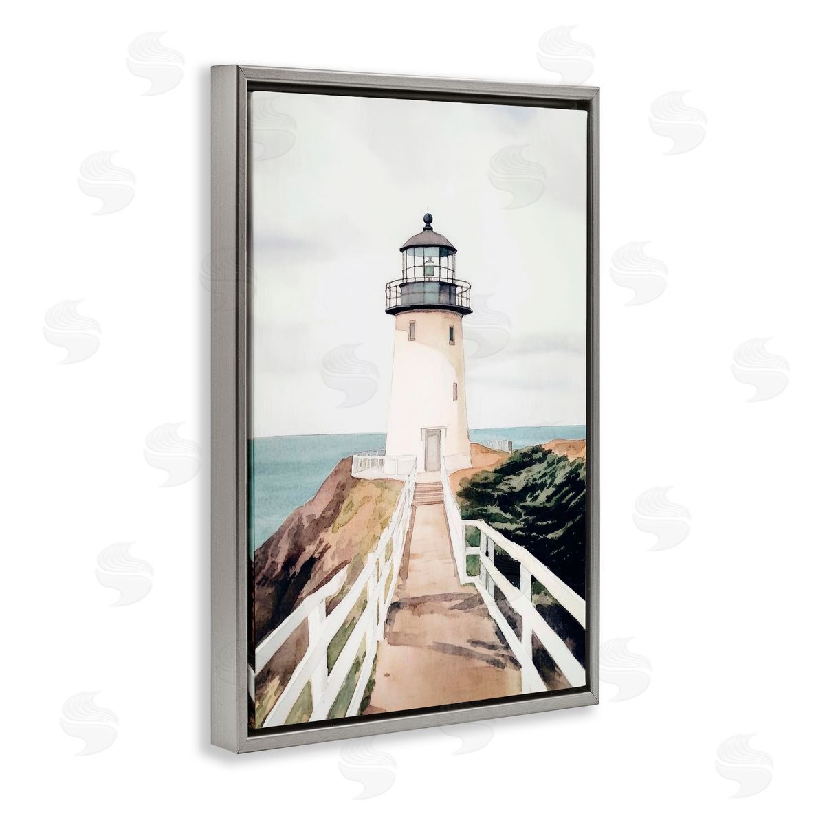 Sisi and Seb Watercolor Lighthouse Path Gray Floating Frame Canvas Art Print