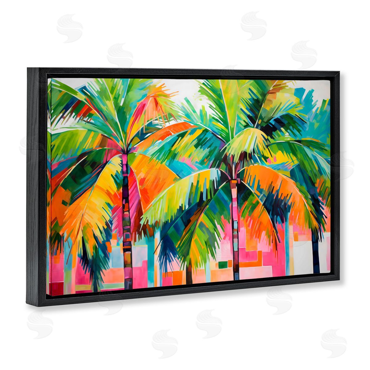 LSR Design Studio Bright Mod Palms & Rectangles Black Floating Frame Canvas Wall Art Print