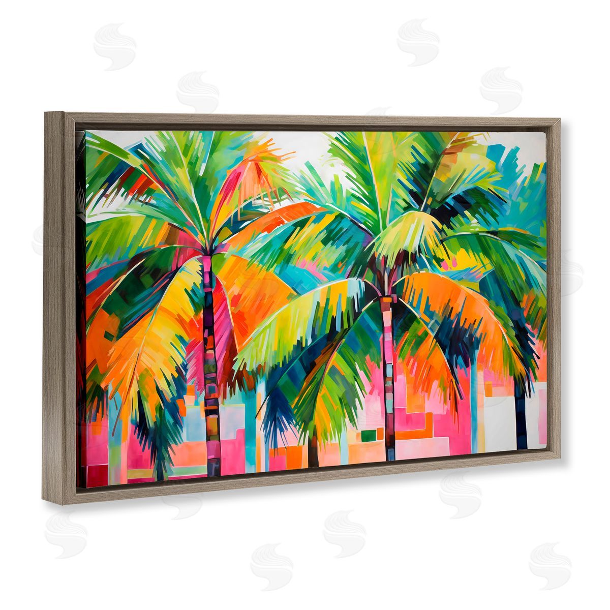 LSR Design Studio Bright Mod Palms & Rectangles Brown Floating Frame Canvas Art Print