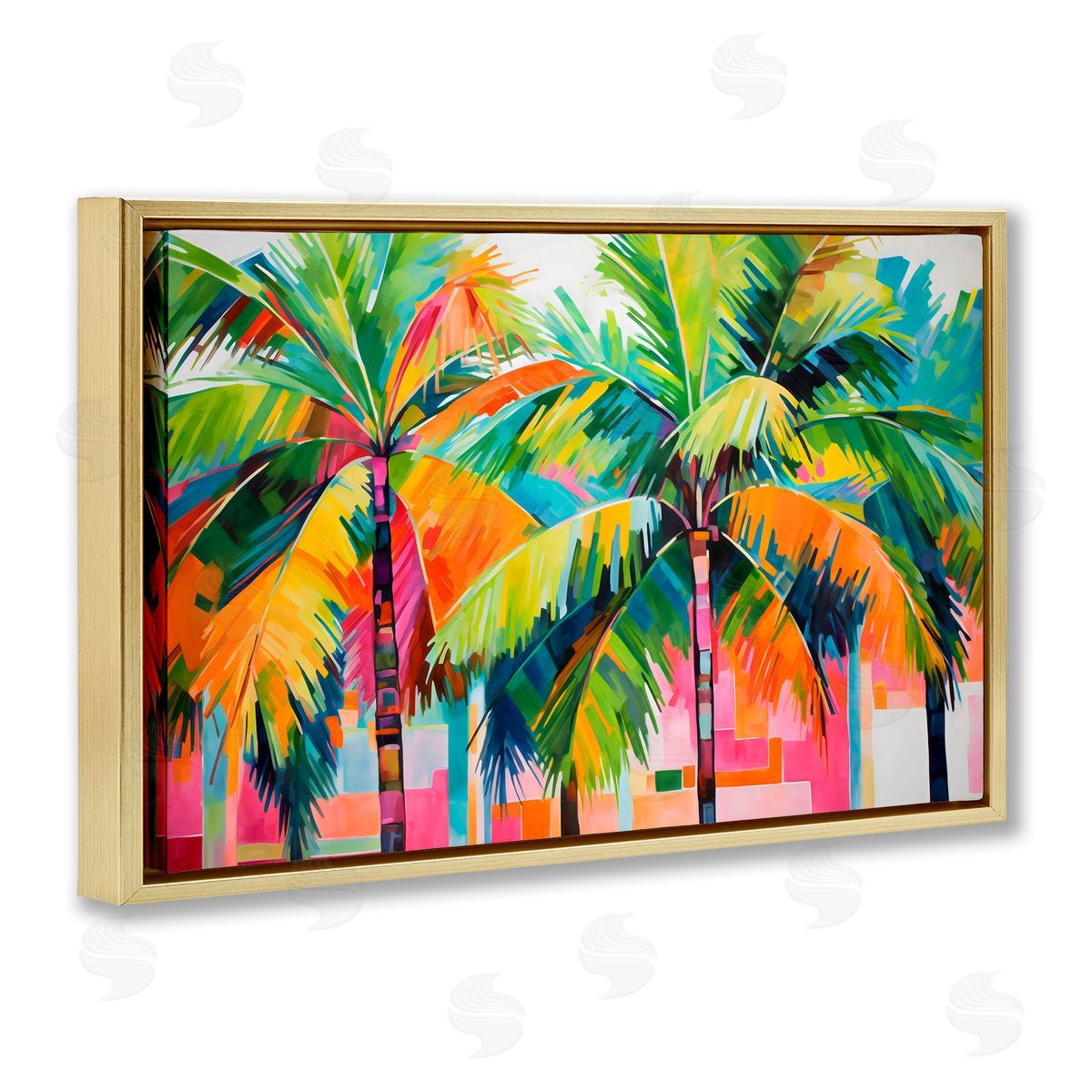 LSR Design Studio Bright Mod Palms & Rectangles Gold Floating Frame Canvas Art Print