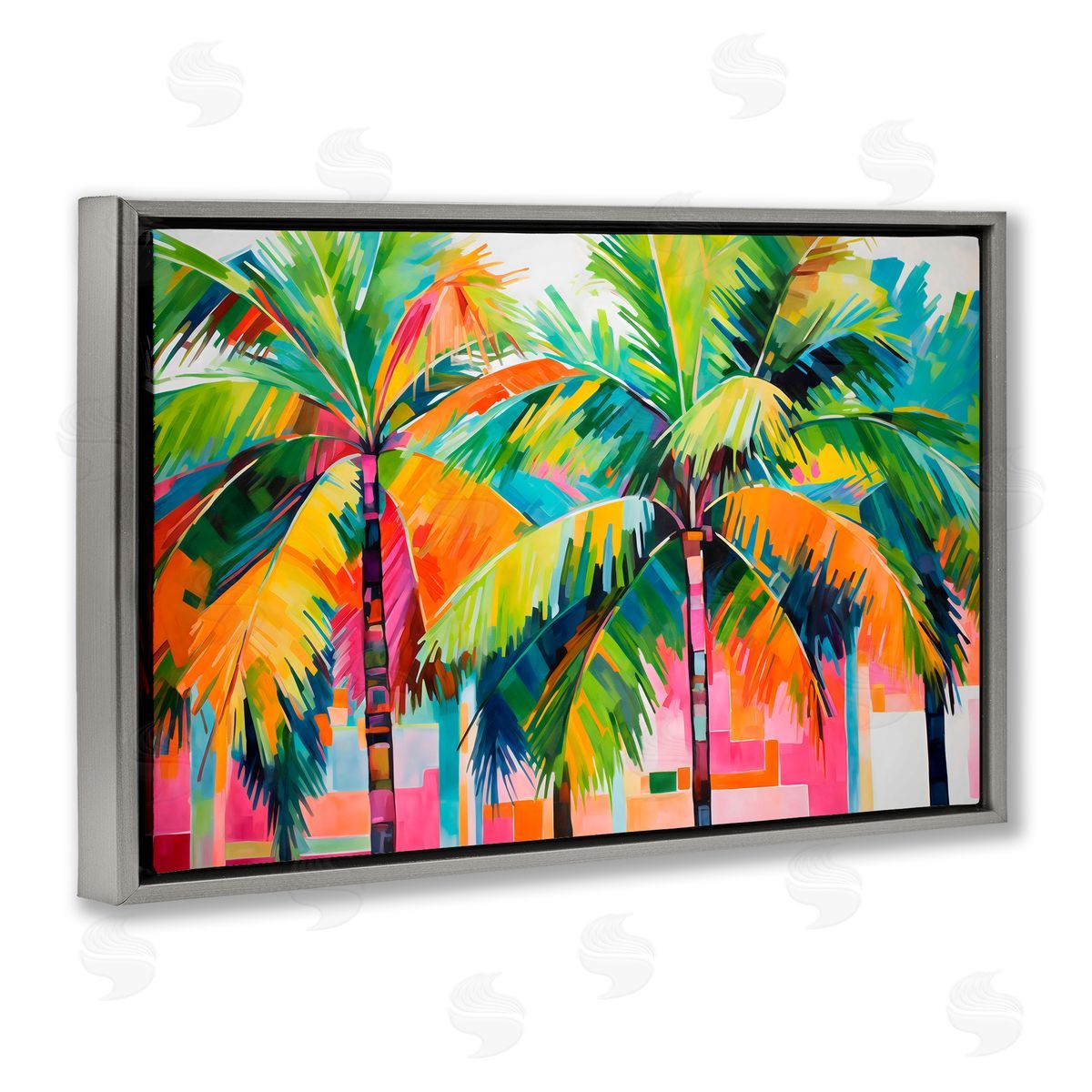 LSR Design Studio Bright Mod Palms & Rectangles Gray Floating Frame Canvas Art Print