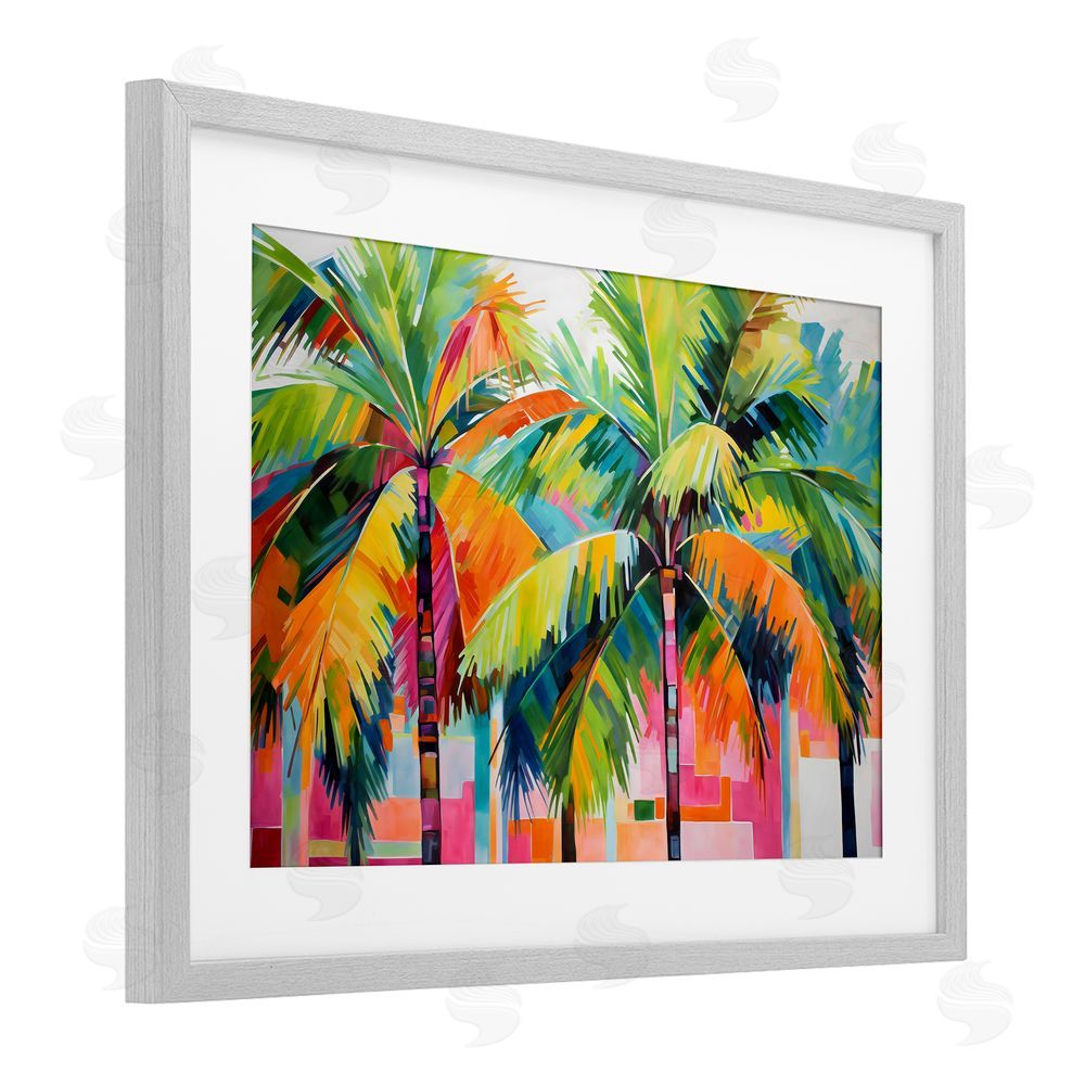 LSR Design Studio Bright Mod Palms & Rectangles Gray Framed Print Under Glass Art
