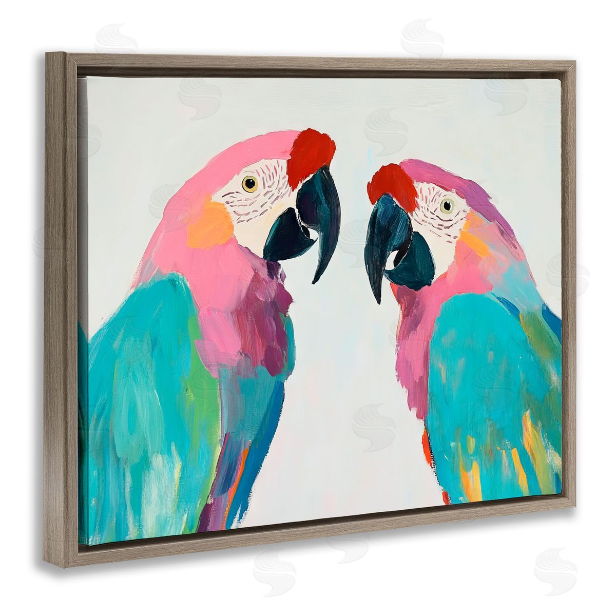Sisi and Seb Exotic Pastel Macaws Brown Floating Frame Canvas Art Print