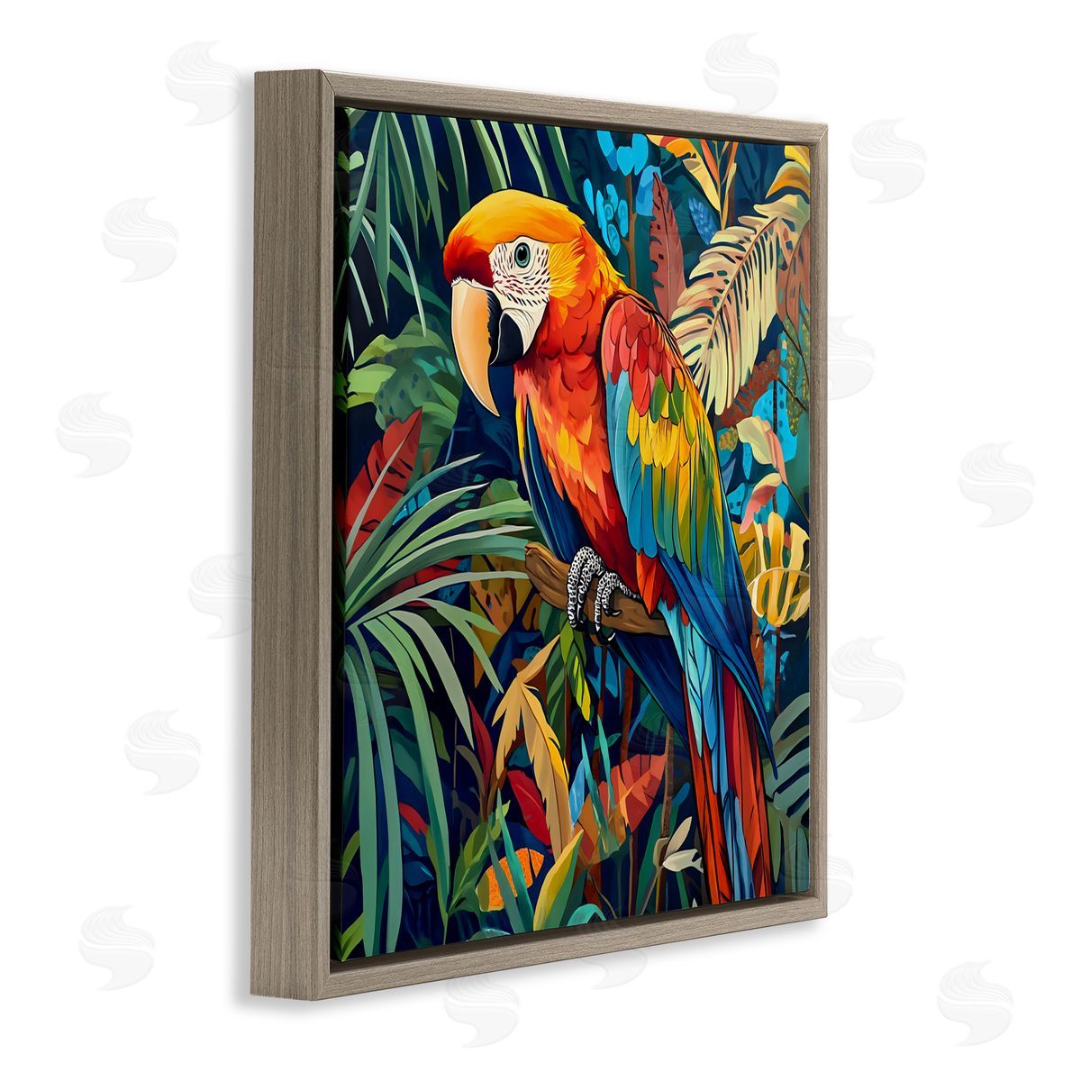 LSR Design Studio Jungle Parrot Amid Leaves Brown Floating Frame Canvas Art Print
