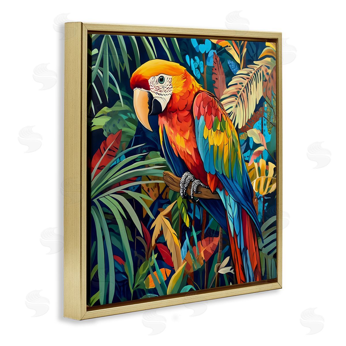 LSR Design Studio Jungle Parrot Amid Leaves Gold Floating Frame Canvas Art Print