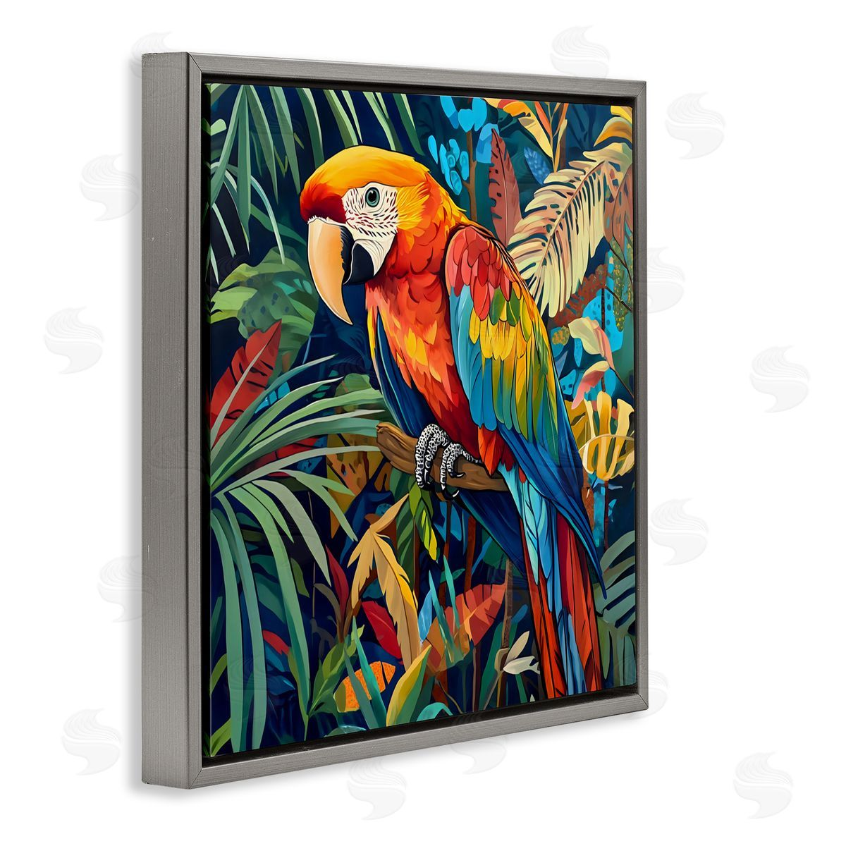LSR Design Studio Jungle Parrot Amid Leaves Gray Floating Frame Canvas Art Print