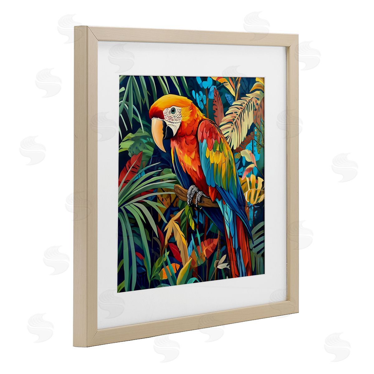 LSR Design Studio Jungle Parrot Amid Leaves Birch Framed Print Under Glass Art