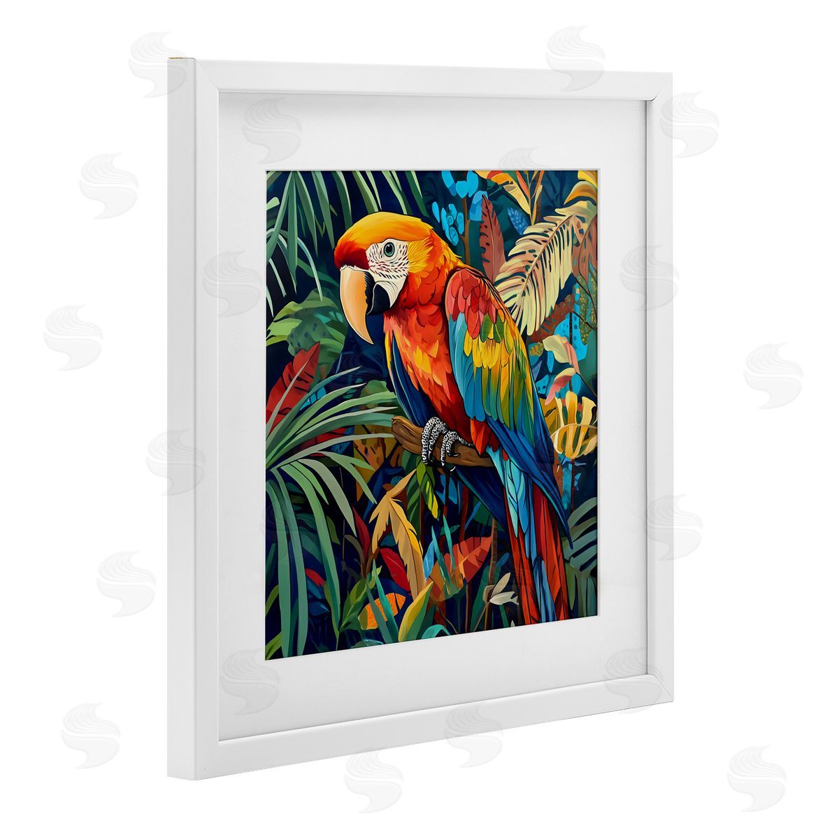 LSR Design Studio Jungle Parrot Amid Leaves White Framed Print Under Glass Art