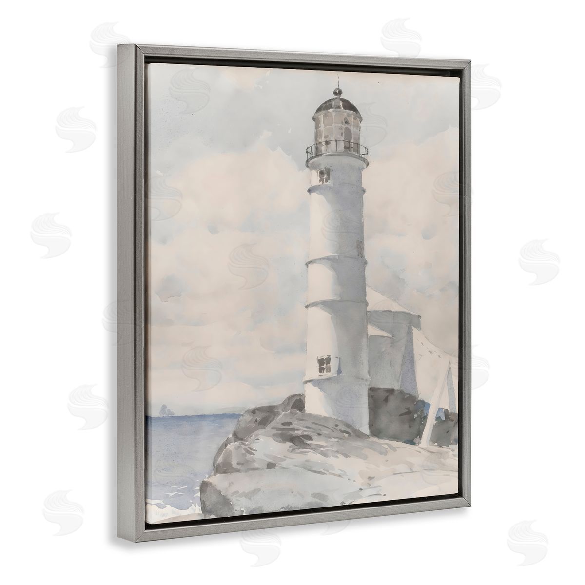 Riley B Soft Vintage Coastal Lighthouse Gray Floating Frame Canvas Art Print