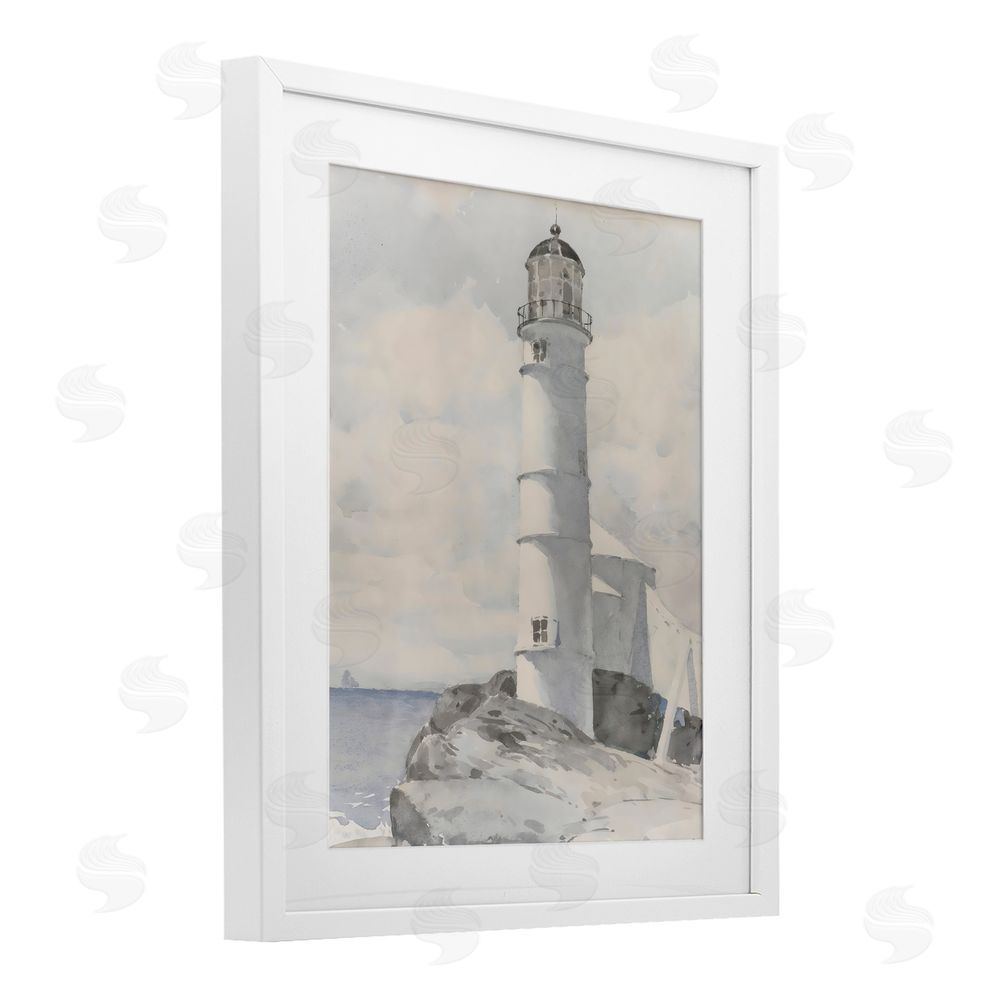 Riley B Soft Vintage Coastal Lighthouse White Framed Print Under Glass Art