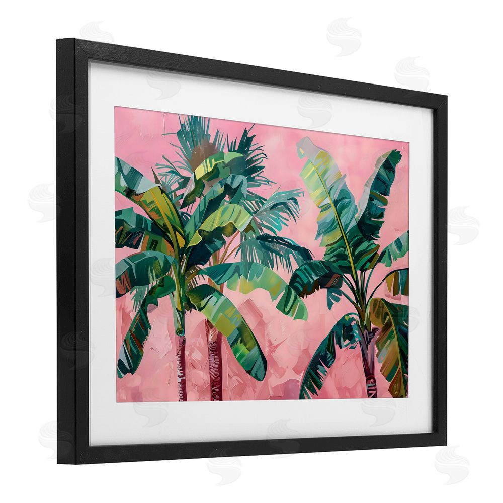 LSR Design Studio Palm Tree Tops on Pink Black Framed Print Under Glass Art