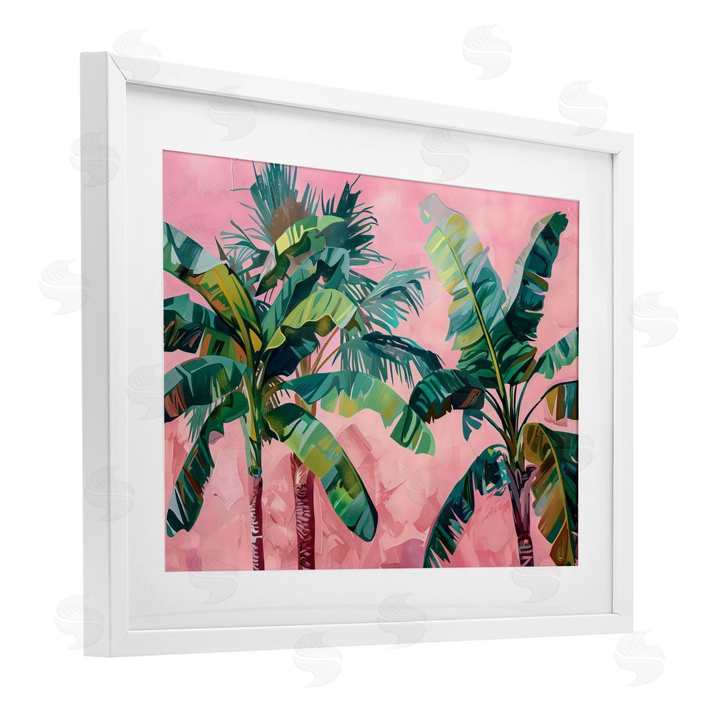 LSR Design Studio Palm Tree Tops on Pink White Framed Print Under Glass Art