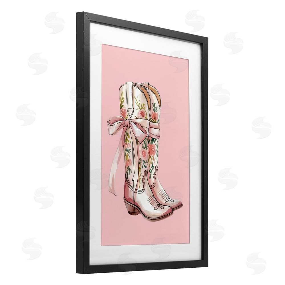 Lettered and Lined Cowgirl Boots with Neutral Ribbon Black Framed Print Under Glass Art