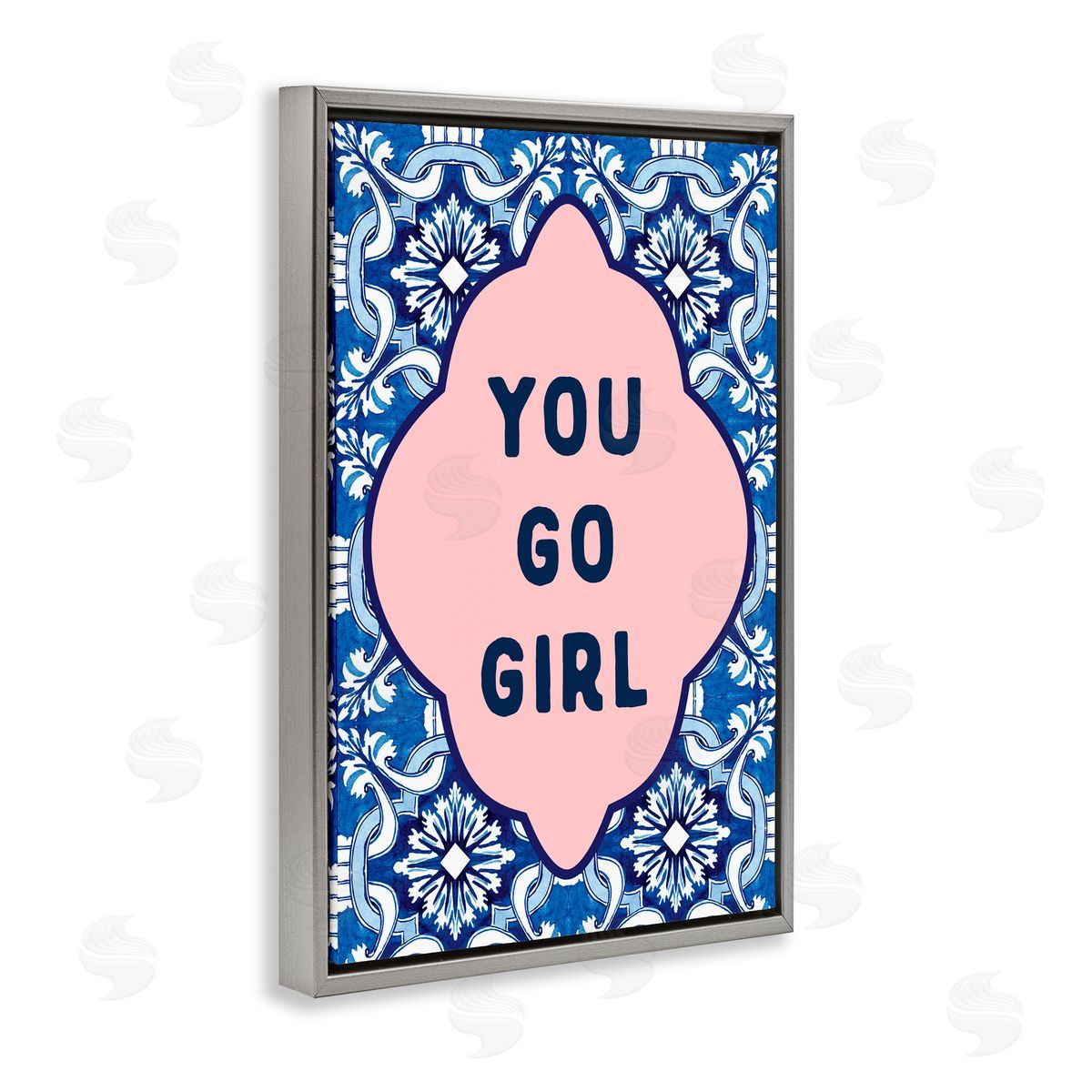 Lettered and Lined You Go Girl on Blue Pattern Gray Floating Frame Canvas Art Print