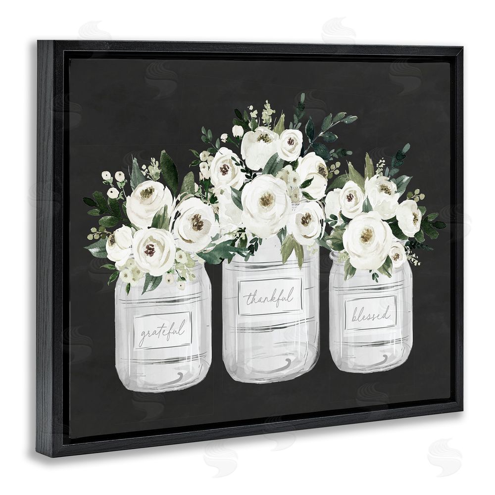 Lettered and Lined Floral Farmhouse Jars Trio Black Floating Frame Canvas Wall Art Print