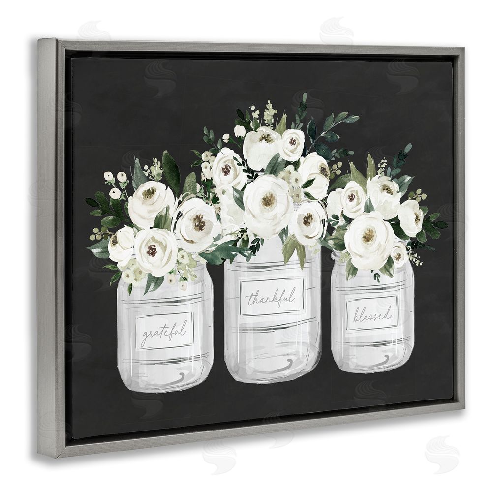 Lettered and Lined Floral Farmhouse Jars Trio Gray Floating Frame Canvas Art Print