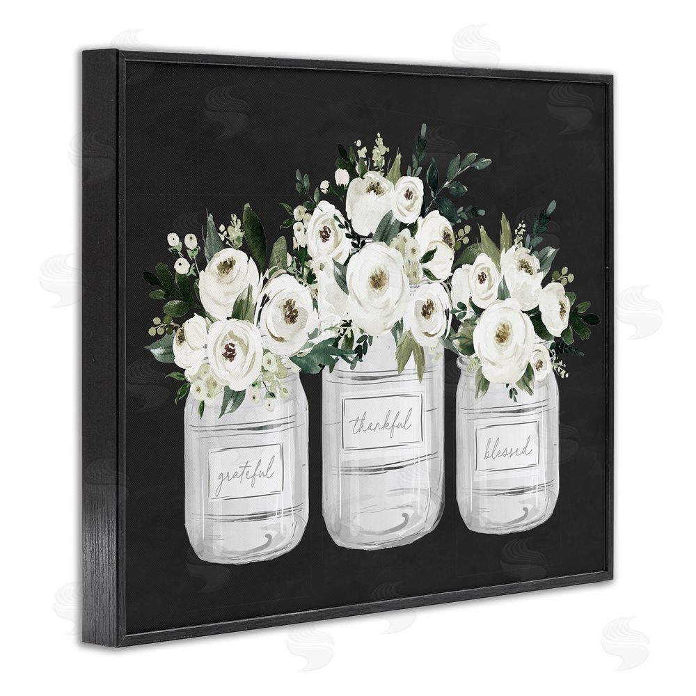 Lettered and Lined Floral Farmhouse Jars Trio Black Framed Giclee Art Print