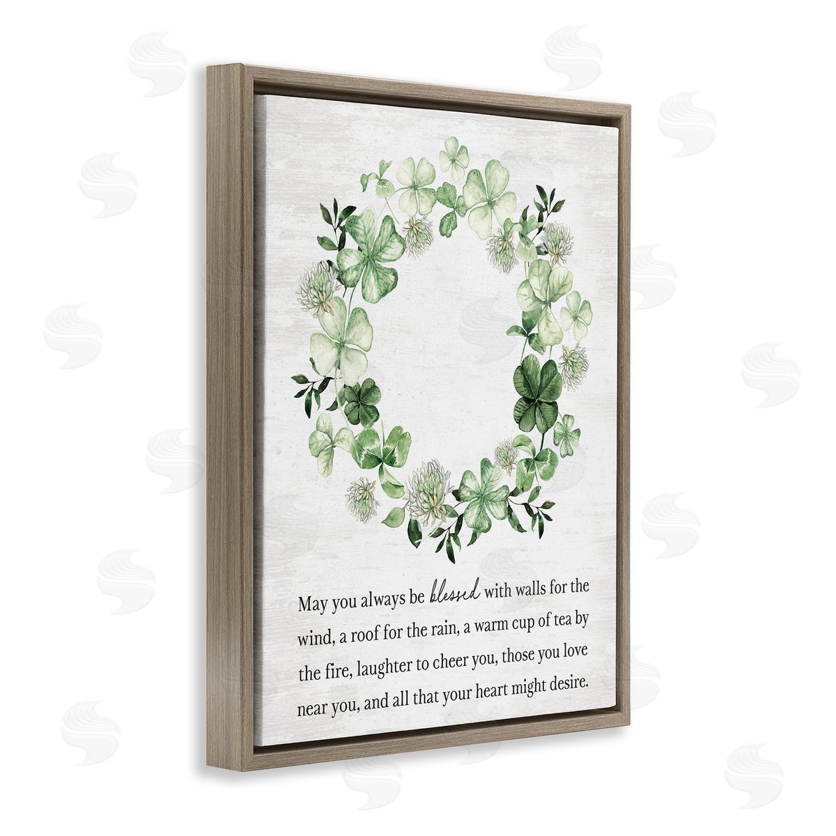 Lettered and Lined Blessed Irish Clover Wreath Brown Floating Frame Canvas Art Print