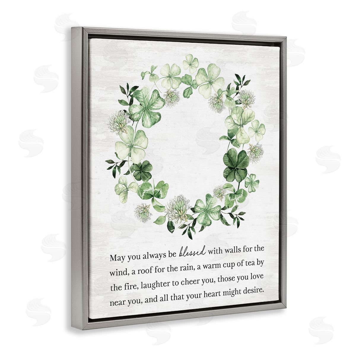 Lettered and Lined Blessed Irish Clover Wreath Gray Floating Frame Canvas Art Print