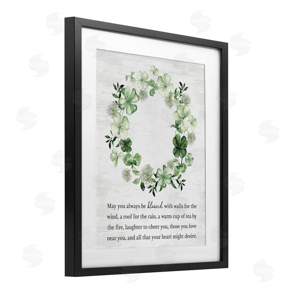 Lettered and Lined Blessed Irish Clover Wreath Black Framed Print Under Glass Art