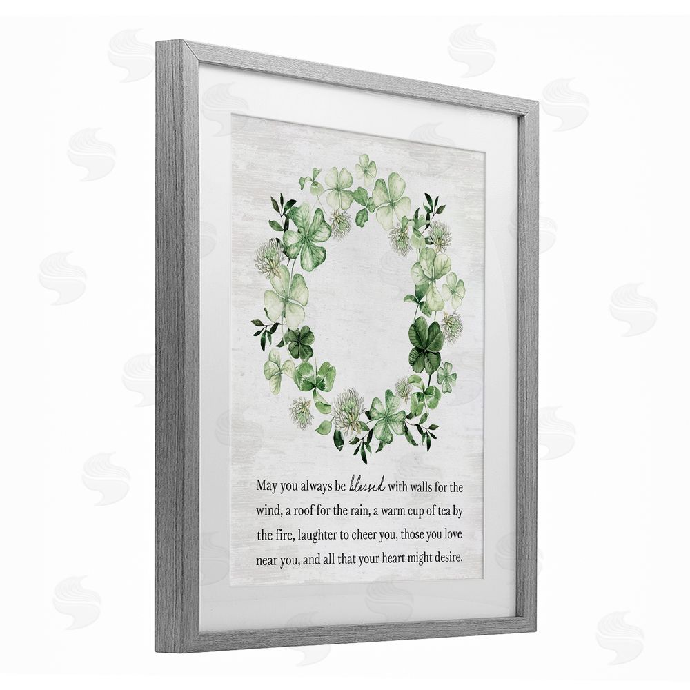 Lettered and Lined Blessed Irish Clover Wreath Gray Framed Print Under Glass Art