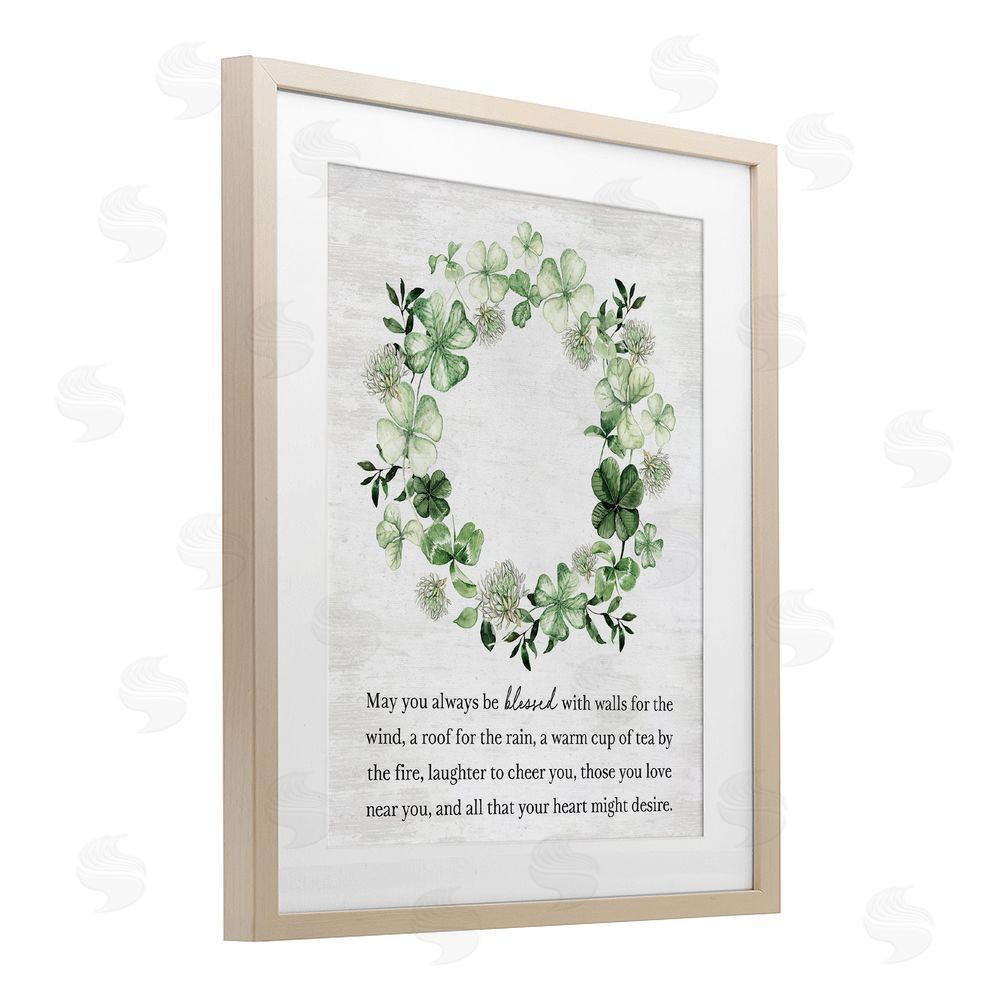 Lettered and Lined Blessed Irish Clover Wreath Birch Framed Print Under Glass Art