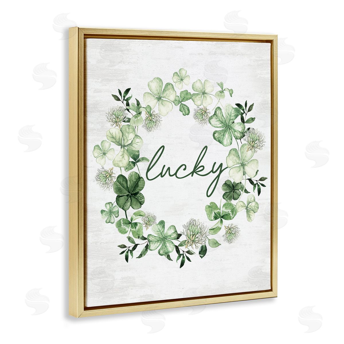 Lettered and Lined Lucky Clovers Botanical Wreath Gold Floating Frame Canvas Art Print